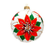 A white handmade glass Christmas tree ball with an artistic flower painting "Poinsettia", 4 inches