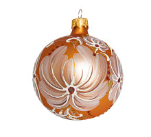 A golden handmade glass Christmas tree ball painted with white flowers and embellished with glitter and rhinestones, 4 inches