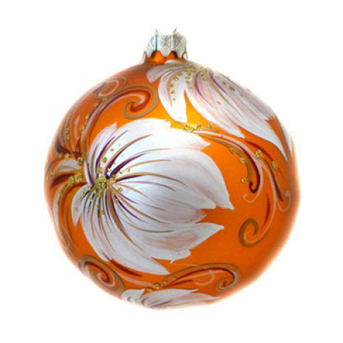 A golden handmade glass Christmas tree ball painted with white flowers and embellished with golden glitter, 3,25 inches