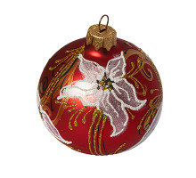 A red handmade glass Christmas tree ball painted with white flowers and embellished with golden glitter, 3,25 inches