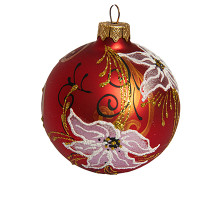 A red handmade glass Christmas tree ball painted with white flowers and embellished with golden glitter, 4 inches