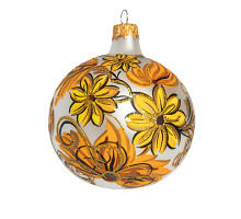 A white handmade glass Christmas tree ball painted with yellow flowers and embellished with glitter, 3,25 inches