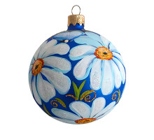 Куля скляна, синя, з великими білими квітами "Ромашка", ручна робота, 8 см