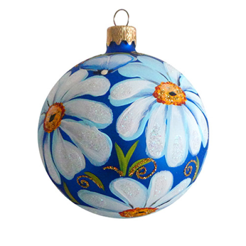 A blue handmade glass Christmas tree ball painted with large white flowers "A camomile", 3,25 inches