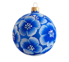 A blue glass Christmas tree ball hand-painted with flowers "A white violet", 3,25 inches