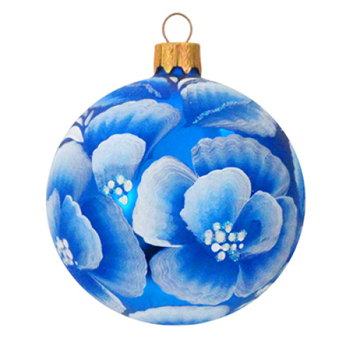 A blue glass Christmas tree ball hand-painted with flowers "A garden pansy", 3,25 inches