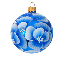 A blue glass Christmas tree ball hand-painted with flowers "A garden pansy", 4 inches