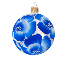 A white glass Christmas tree ball hand-painted with sky blue flowers "A garden pansy", 3,25 inches