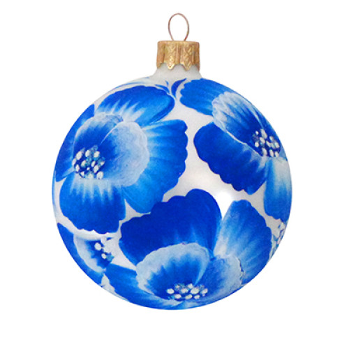 A white glass Christmas tree ball hand-painted with sky blue flowers "A garden pansy", 4 inches