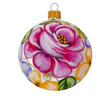 A silver glass Christmas tree ball hand-painted with a large rose flower, 3,25 inches