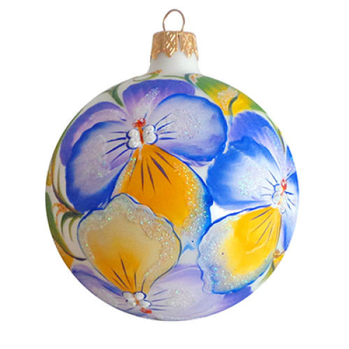 A white glass Christmas tree ball hand-painted with flowers "A garden pansy", 4 inches