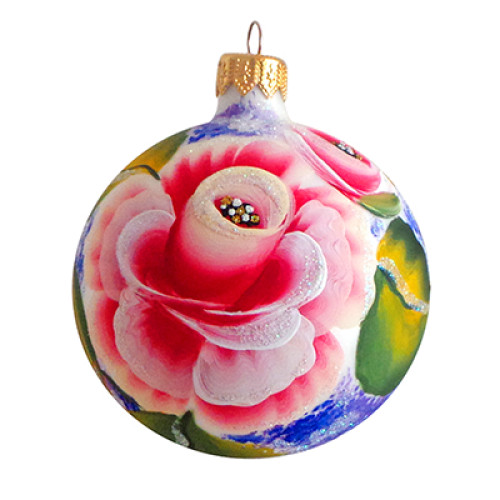A white handmade glass Christmas tree ball with an artistic flower painting "A rose", 3,25 inches