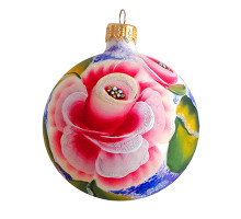 A white handmade glass Christmas tree ball with an artistic flower painting "A rose", 4 inches