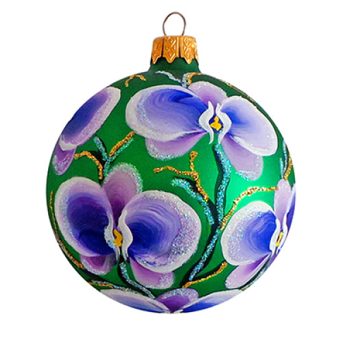 A green handmade glass Christmas tree ball with an artistic flower painting "An orchid", 3,25 inches