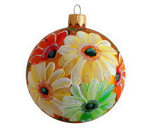 A golden handmade glass Christmas tree ball with an artistic flower painting "A camomile", 3,25 inches