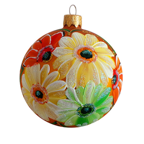 A golden handmade glass Christmas tree ball with an artistic flower painting "A camomile", 3,25 inches