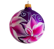 A purple handmade glass Christmas tree ball with an artistic flower painting "A lily", 3,25 inches