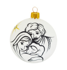 Куля скляна ялинкова, біла, з чорно-білим зображенням новонародженого Христа, розписана вручну, 8 см