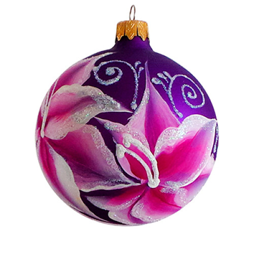 A purple handmade glass Christmas tree ball with an artistic flower painting "A lily", 4 inches