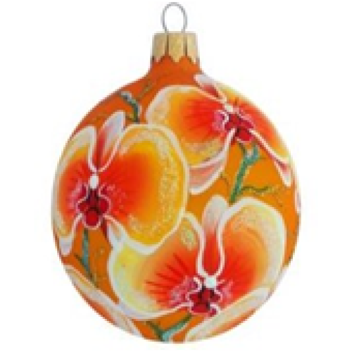 An orange handmade glass Christmas tree ball with an artistic flower painting "An orchid", 3,25 inches