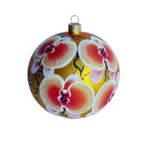 An orange handmade glass Christmas tree ball with an artistic flower painting "An orchid", 4 inches