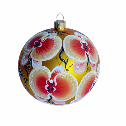 An orange handmade glass Christmas tree ball with an artistic flower painting "An orchid", 4 inches