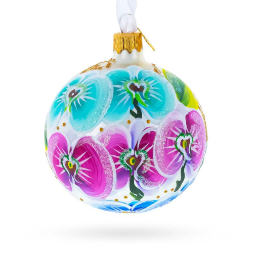 A silver handmade glass Christmas tree ball with an artistic flower painting "An orchid", 4 inches