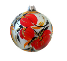 A silver handmade glass Christmas tree ball with an artistic flower painting and embellished with golden glitter, 3,25 inches