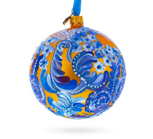 A silver handmade glass Christmas tree ball with an artistic painting "A peafowl", 4 inches
