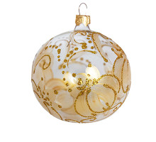 A transparent handmade glass Christmas tree ball with a golden flower ornament and embellished with golden glitter, 3,25 inches