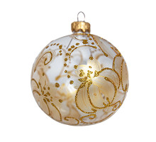 A transparent handmade glass Christmas tree ball with a golden flower ornament and embellished with golden glitter, 4 inches