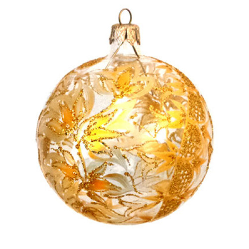 A transparent handmade glass Christmas tree ball with a bright golden ornament, 4 inches