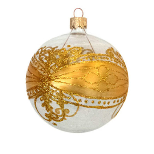 A transparent handmade glass Christmas tree ball with a royal golden ornament and embellished with glitter, 3,25 inches