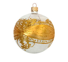 A transparent handmade glass Christmas tree ball with a royal golden ornament and embellished with glitter, 4 inches