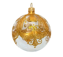A transparent handmade glass Christmas tree ball with a royal golden ornament and embellished with glitter, 3,25 inches