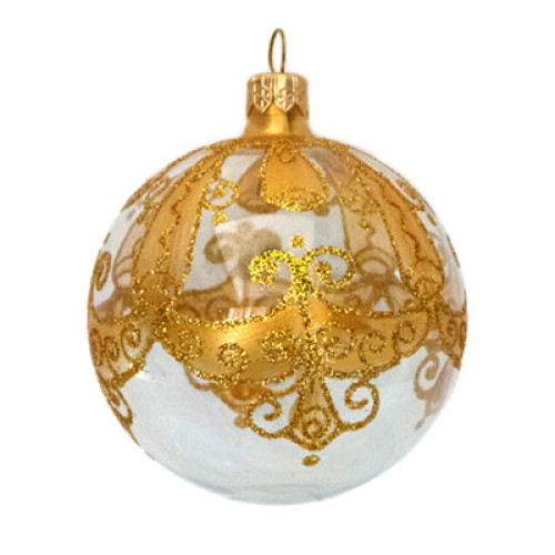 Куля скляна, прозора, із королівським золотим орнаментом, декорована глітером, ручна робота, 8 см