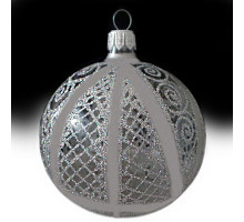 A transparent handmade glass Christmas tree ball with a geometrical silver ornament and embellished with glitter, 4 inches