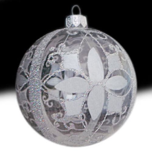 A transparent handmade glass Christmas tree ball with a silver flower and an ornament, embellished with glitter and pearls, 3,25 inches