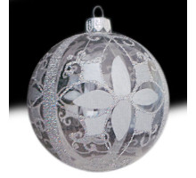 A transparent handmade glass Christmas tree ball with a silver flower and an ornament, embellished with glitter and pearls, 4 inches