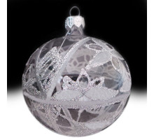 A transparent handmade glass Christmas tree ball with a silver flower ornament, embellished with glitter, 3,25 inches