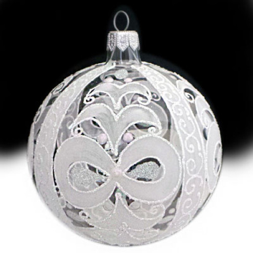 A transparent handmade glass Christmas tree ball with a white tracery, embellished with glitter and beads, 4 inches