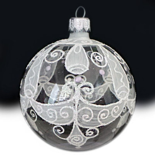 A transparent handmade glass Christmas tree ball with a white tracery, embellished with glitter, 3,25 inches