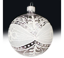 A transparent handmade glass Christmas tree ball with a white ornament, embellished with glitter, 3,25 inches