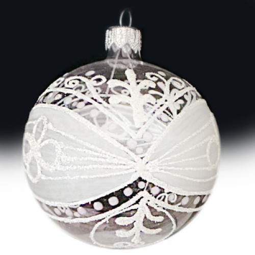 A transparent handmade glass Christmas tree ball with a white ornament, embellished with glitter, 3,25 inches