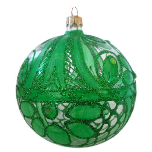 A transparent handmade glass Christmas tree ball with a unique green ornament, embellished with glitter, 3,25 inches