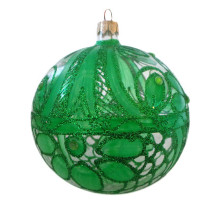 A transparent handmade glass Christmas tree ball with a unique green ornament, embellished with glitter, 4 inches