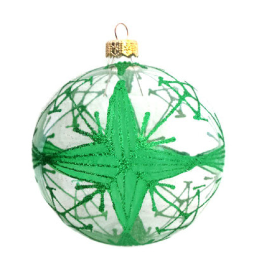 A transparent handmade glass Christmas tree ball with a geometrical green ornament, embellished with glitter, 3,25 inches