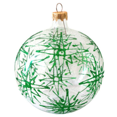A transparent handmade glass Christmas tree ball with a green ornament, embellished with glitter, 3,25 inches