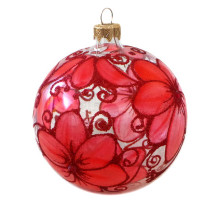 A transparent handmade glass Christmas tree ball with a red floral ornament, embellished with glitter and beads, 3,25 inches