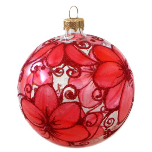 A transparent handmade glass Christmas tree ball with a red floral ornament, embellished with glitter and beads, 3,25 inches